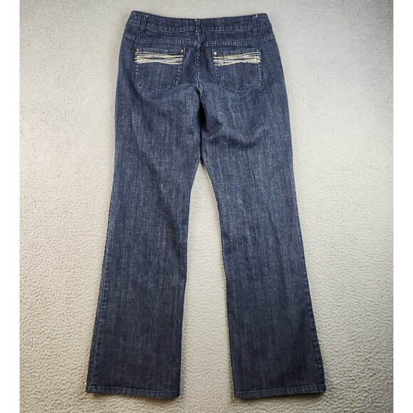 Y2K Flare Leg Jeans Women's 14 Curvy Embroidered Rhinestones Dark Wash Pants - Picture 2 of 12